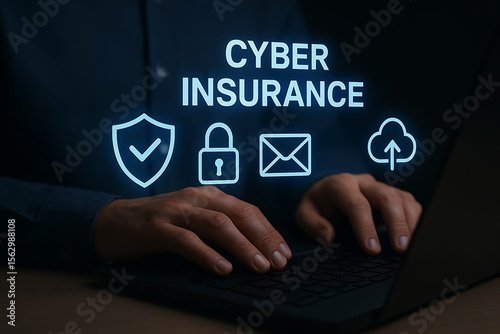 Person typing on laptop with cyber insurance icons for security and data protection