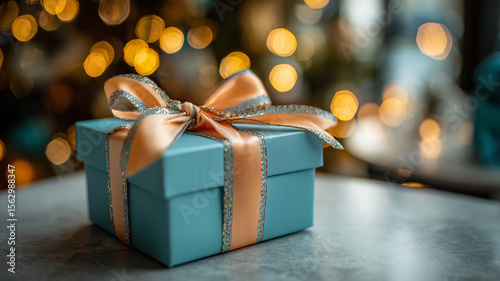 A blue gift box with a peach ribbon is placed on the table,