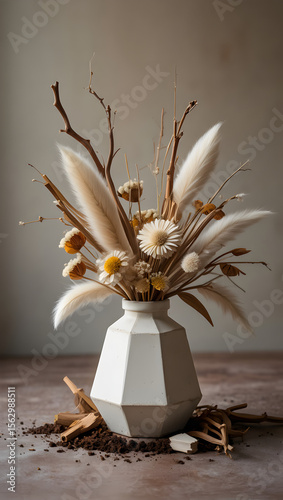 Burning candle in vintage lamp with natural floral decoration on dark background