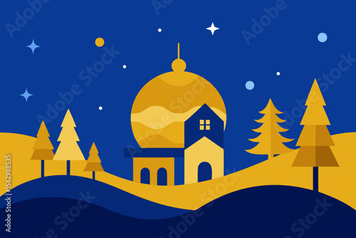 A cozy winter night landscape featuring a snow-covered house and a distant castle under a moonlit sky, perfect for a holiday card illustration