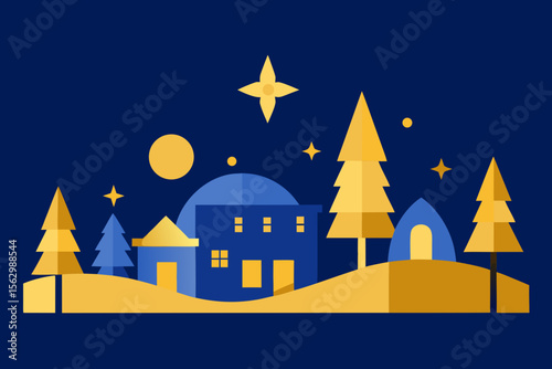 Enchanted winter village scene with a snow-covered castle under a starry night sky, perfect for a festive Christmas holiday card