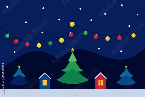 Christmas night winter landscape with a decorated house, snow-covered trees, and a star-filled sky