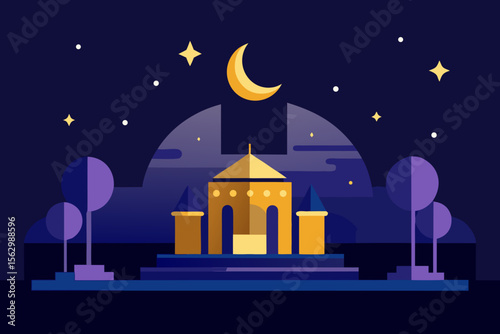 Vector illustration of a Christmas night church in a winter city landscape with stars and a moonlit sky