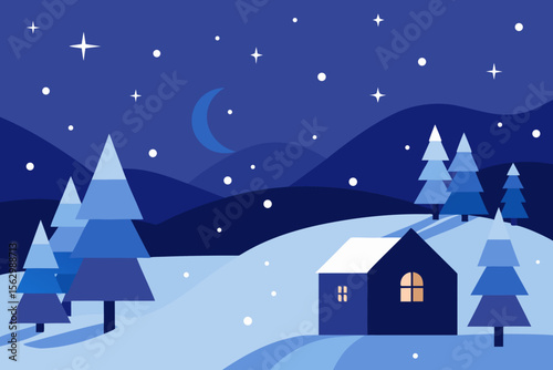 Cozy Christmas winter landscape with a snowy house and festive trees at night