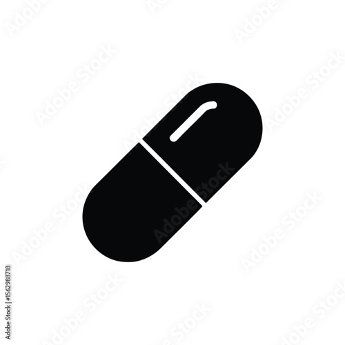 Solitary black capsule features a rounded shape on a stark white transparent backdrop