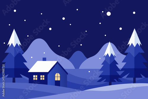 A festive Christmas winter night landscape illustration of a cozy house in a snowy village with decorated trees under a starlit sky