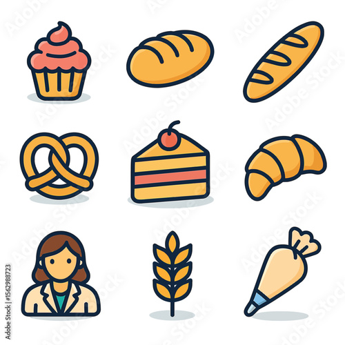 Wallpaper Mural Collection of nine colorful bakery icons including bread, cake, cupcake, pretzel, croissant, pastry bag, baker, wheat, and cherry cake, perfect for bakery websites, menus, and branding materials. Torontodigital.ca
