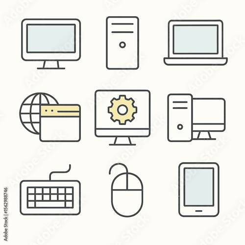 Collection of line icons depicting various computer hardware and software components.