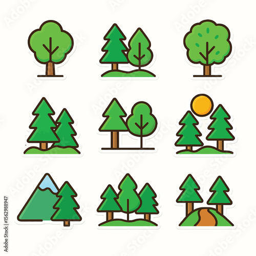 Collection of nine vector illustrations of various trees, including pine, deciduous trees, and a mountain landscape, perfect for nature-themed designs and projects.