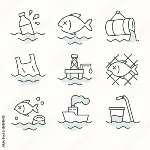 Line icons depicting various sources of ocean pollution, including plastic bottles, oil spills, and fishing nets.