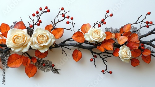 Autumnal arrangement of cream roses and burnt orange leaves.