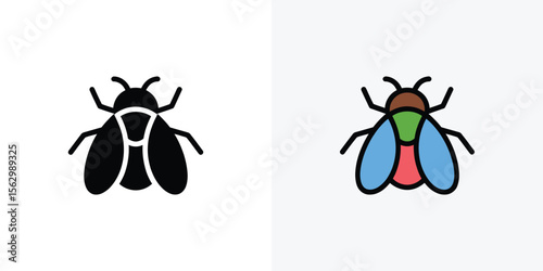 The shows a fly in both solid black and colorful versions on a white background