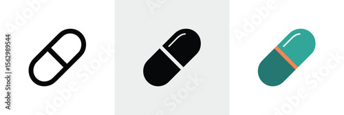 Three capsule icons show outline, solid black, and teal with orange band designs