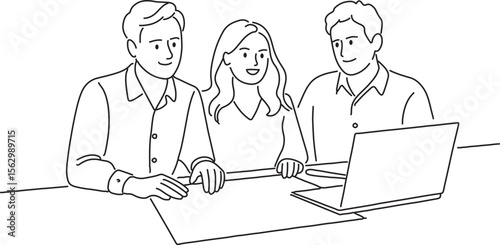 Three colleagues are collaborating on a project together at a desk with a laptop, line art