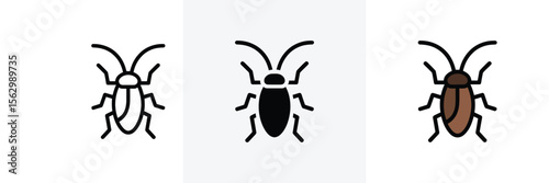 Three cockroach icons are displayed with varying styles over a white background