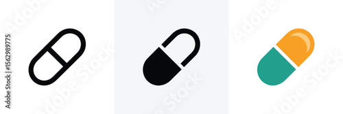 Three capsules displayed in black outline, solid black and teal with yellow colors, on white