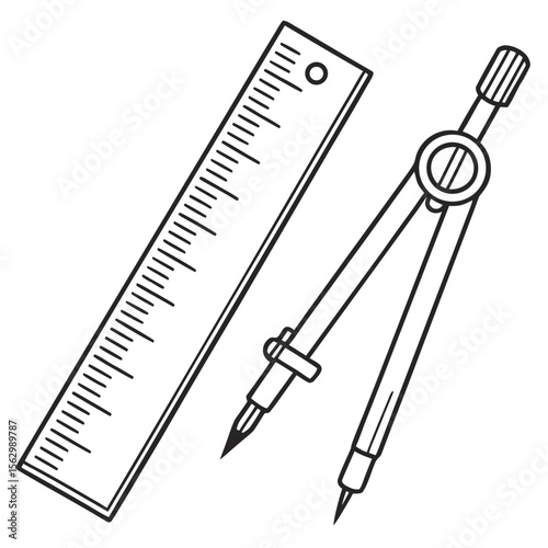 A black and white line drawing of a drafting compass and a ruler representing geometry and precision in education and design