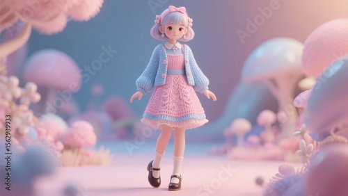 A whimsical character in a pastel dress stands amidst a dreamy, mushroom-filled forest landscape.