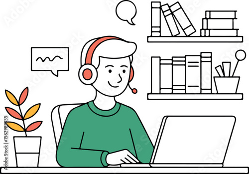 A man is working remotely from home using a laptop and headphones