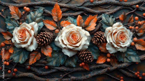 Autumnal roses and leaves arranged on a dark background.