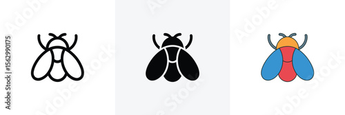 Three simple representations of a fly show outline, silhouette, and color version