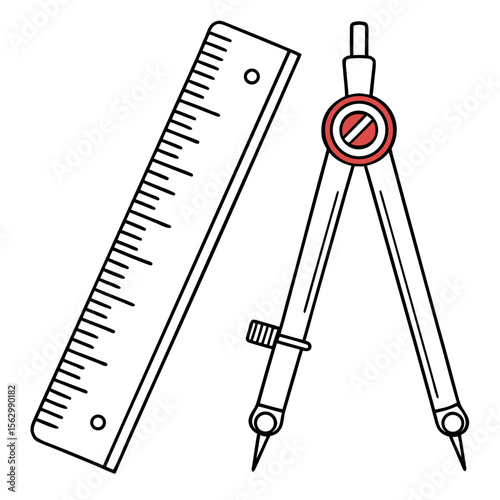 A simple line drawing of a ruler and a drawing compass with a red accent on the compass center isolated on a white background