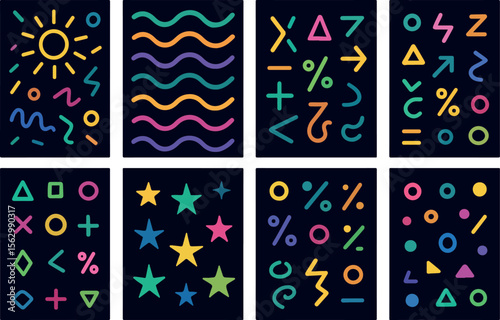 Abstract Neon Symbol Seamless Pattern Set – 8 Colorful Vector Icon Backgrounds