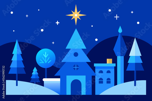 Christmas night winter landscape with houses and trees, a festive holiday village scene