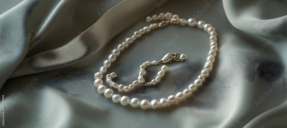 Obraz premium Dreamy strand of pearls captured in a close-up on satin fabric with natural lighting soft focus high-quality visuals reflecting elegant premium sophisticated design.