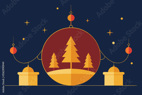 Christmas night winter village landscape illustration with a festive tree, stars, and snowflakes, perfect for a holiday new year card design