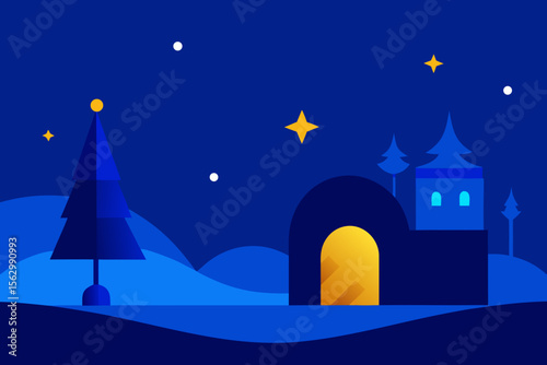 Christmas night winter landscape illustration with a snowy village, festive houses, and a bright moonlit sky
