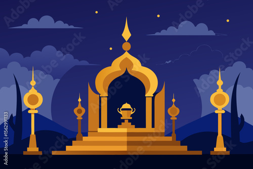 Vector illustration of an ancient Buddhist temple architecture at night, under a moonlit sky