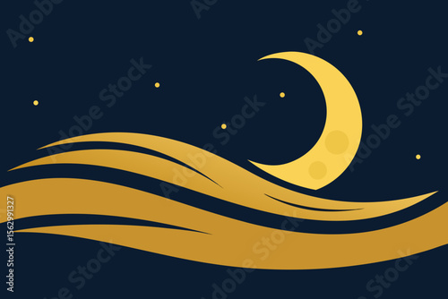 Here's a concise description:

Cartoon vector illustration of a night sky with a crescent moon and stars
