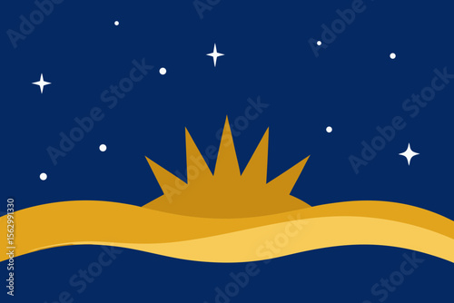 Moonlit winter sky with stars and a decorated Christmas tree illustration