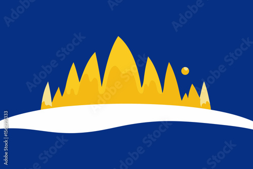 Golden sun and crown vector illustration with mountain landscape design