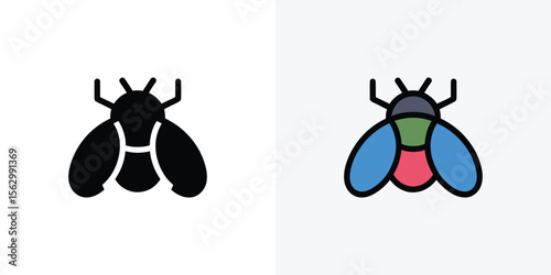Two fly icons showcase black silhouette and colored design variations on a white backdrop