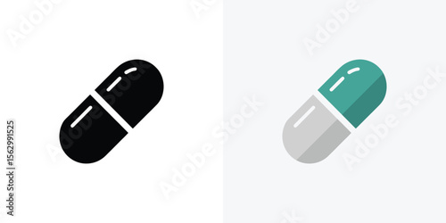Two isolated capsules, one black and one teal and gray, sit on white