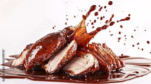 Hoisin sauce splashing over crispy duck, highlighting the rich brown color and sweet-savory contrast, isolated on a white background,