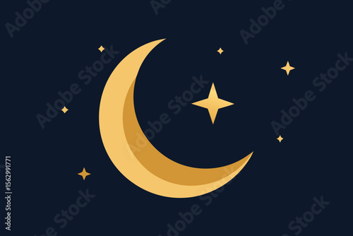 Here is a single sentence describing the image:

Cartoon vector illustration of a crescent moon and stars in a dark night sky