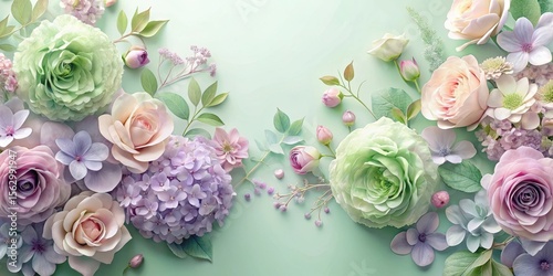 Pastel Floral Arrangement Delicate Roses, Hydrangeas, and Ranunculus in a Soft Green Setting