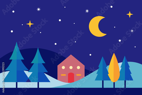 Moonlit winter landscape with a cozy Christmas cottage, snow-covered trees, and sparkling stars