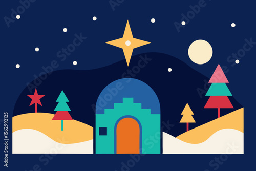 A vector illustration of a Christmas night city with a festive house and castle under a moonlit, star-filled sky
