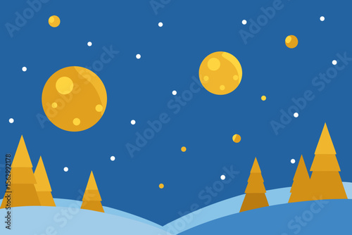 A magical Christmas winter night landscape illustration with a full moon and twinkling stars over a snow-covered forest, perfect for a holiday card design