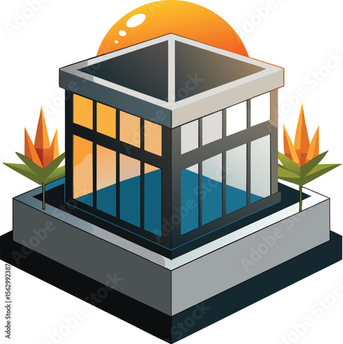 Modern Glass Office with Sunset Vector