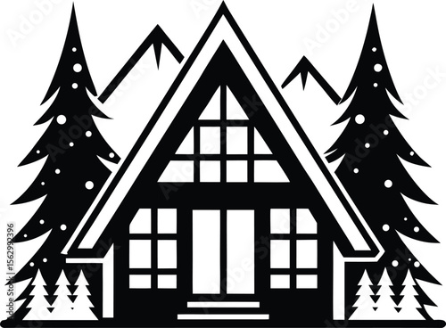 Black and White Mountain Chalet Vector