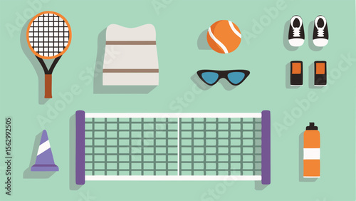 Flat lay illustration of tennis equipment including racket, net, ball, and accessories laid out nicely photo