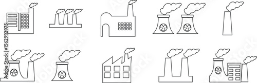 Industrial factory buildings icon set isolated on transparent background. Black silhouettes of plants and factories. Collection of industry manufactory building warehouse nuclear energy plant vector .