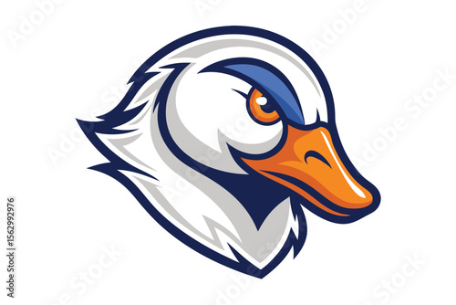 A goose mascot sports logo with white feathers and an orange beak stands out