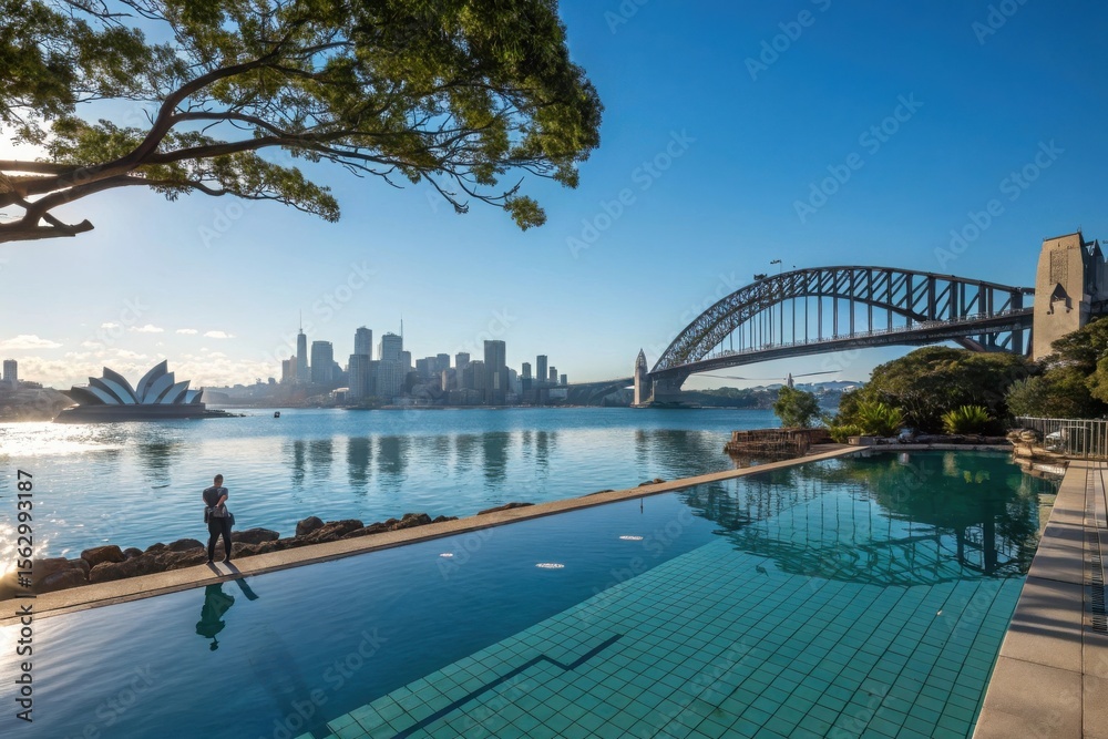 Fototapeta premium Sydney harbour icons viewed from a luxury infinity pool