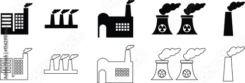 Industrial factory buildings icon set isolated on transparent background. Black silhouettes of plants and factories. Collection of industry manufactory building warehouse nuclear energy plant vector .